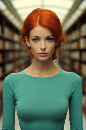 A woman with red hair standing in a library, AIの素材