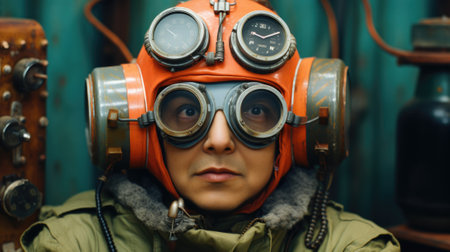 A man wearing a weird orange helmet and goggles, AIの素材