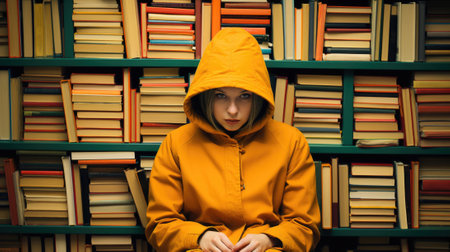 A young woman in a yellow jacket sitting in front of a bookshelf, AIの素材