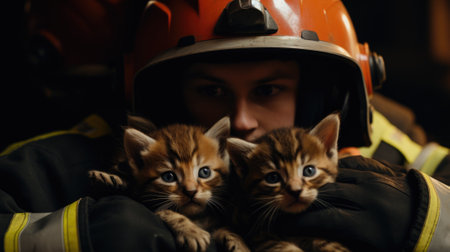Firefighter holding two kittens in his arms, AIの素材