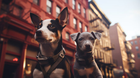 Two dogs are standing in front of a building, AIの素材