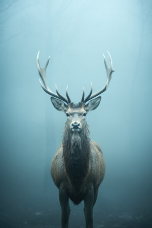 A deer stands in the fog with large horns, AIの素材
