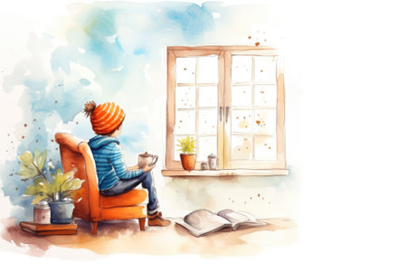 Watercolor illustration of a girl sitting on a chair near a window, AIの素材