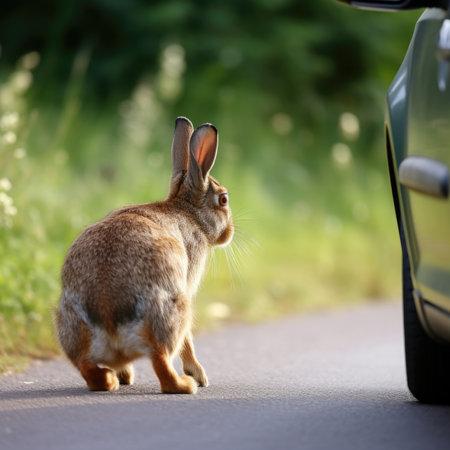A rabbit or hare is standing on the side of the road, AIの素材