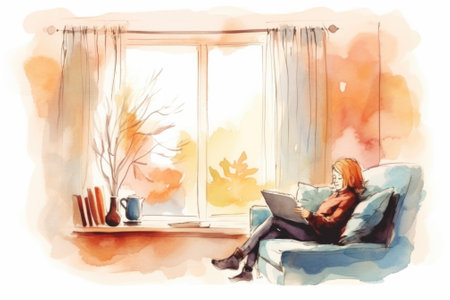 Watercolor illustration of a woman sitting on a couch with a laptop or with drawing album, AIの素材