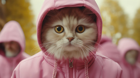 A cat wearing a pink hoodie and looking at the camera, AIの素材