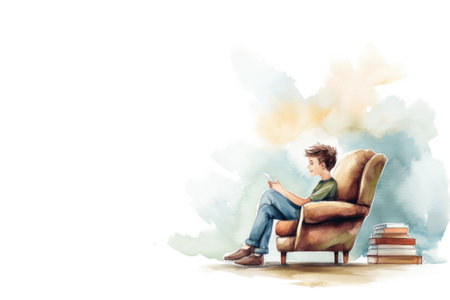 A boy sitting in a chair with books on his lap, AIの素材