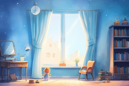 A childrens room with a bed, desk and window, AIの素材