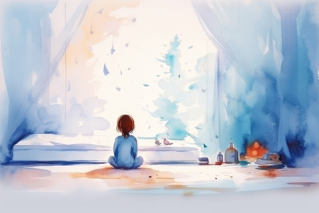 Watercolor painting of a girl sitting in front of a window, AIの素材