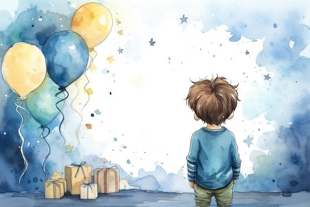 Little boy looking at balloons and gift, copy space, AIの素材