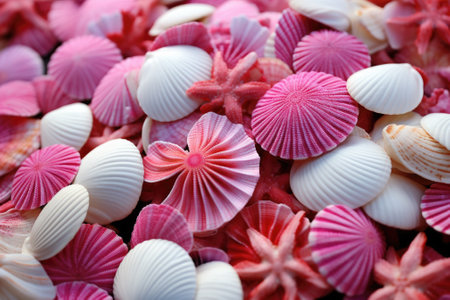Sea shells and starfish are arranged in a pile, AIの素材