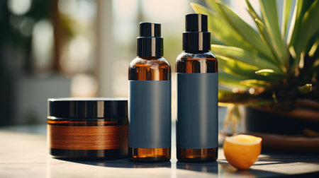 Three bottles of essential oils sitting on a table, AIの素材