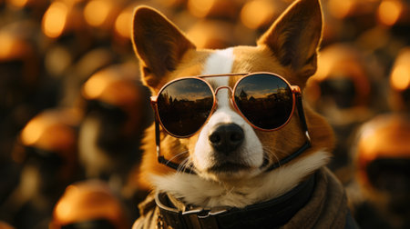 A dog wearing sunglasses in front of a crowd, AIの素材