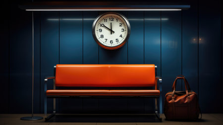 A bench and a clock in a dark room, AIの素材