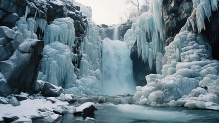 A waterfall is covered in ice and snow, AIの素材