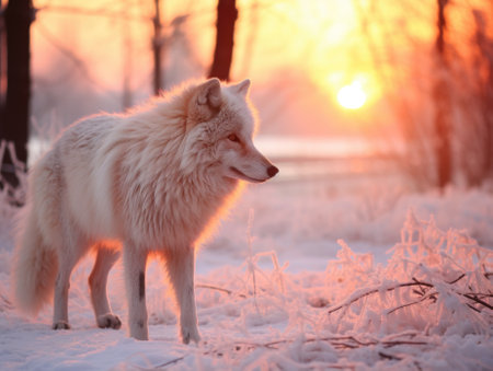 Arctic wolf in the snow at sunset, AIの素材
