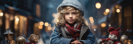 A little girl is sitting on the ground with christmas lights around her, AIの素材