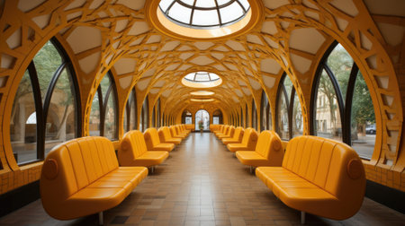 A long hallway with many yellow seats, AIの素材
