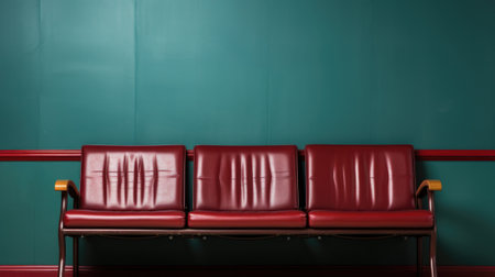 A red leather bench sits in front of a green wall, AIの素材