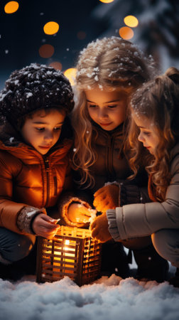 Three children holding a lit candle in the snow, AIの素材