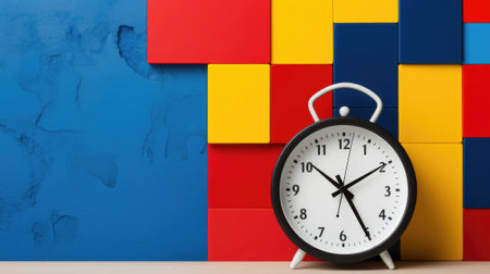 A clock is sitting on a table next to a colorful wall, AIの素材
