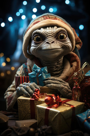 A small alien is sitting on a table with christmas presents, AIの素材