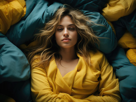 A woman in a yellow shirt laying on a bed, AIの素材