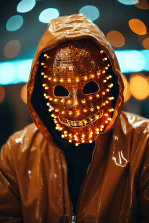 A man wearing an orange mask with lights on it, AIの素材
