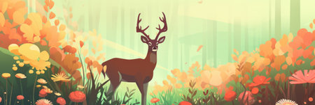 A deer is standing in the middle of a field of flowers, AIの素材