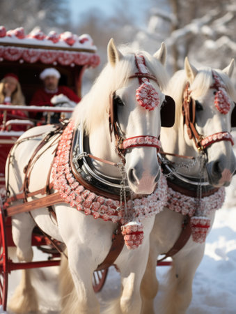 Two white horses pulling a carriage, AIの素材