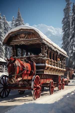 An old decoraive train decorated with horse head is driving down a snowy road, AIの素材