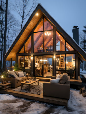 A cabin in the woods with a patio and a fireplace, AIの素材