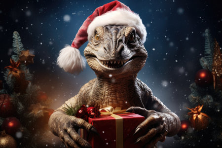 A dinosaur wearing a santa hat holding a gift, AIの素材