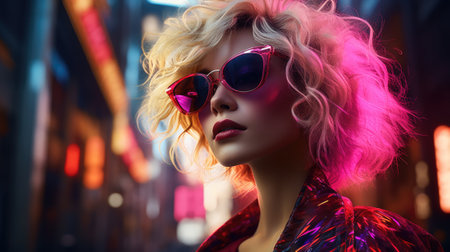 A woman with pink hair and sunglasses in a city, AIの素材