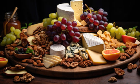 A wooden table with grapes, various cheese, almonds walnuts AIの素材