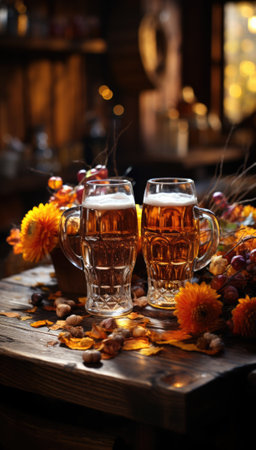 Two glasses of beer sit on a table with autumn leaves, AIの素材