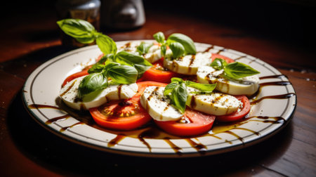 A plate of tomatoes and mozzarella on a wooden table, AIの素材