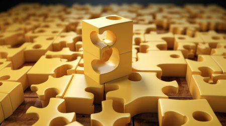 A yellow cheese puzzle piece is standing in the middle of a group of cheese pieces, AIの素材