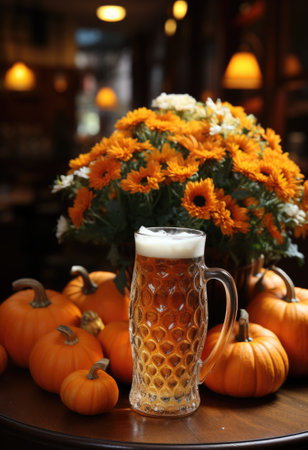 A glass of beer and a bouquet of flowers, AIの素材