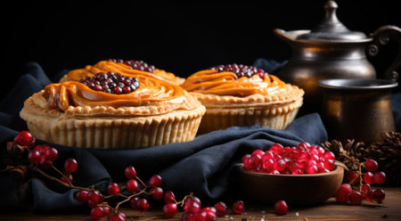 Three cupcakes with cranberries on a black cloth, AIの素材