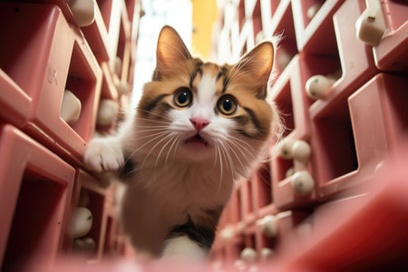A cat is walking through a maze of pink blocks, AIの素材