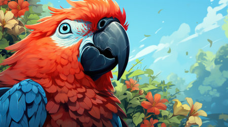 A colorful parrot stands in front of a tree, AIの素材