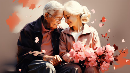 An elderly couple sitting on a bench with flowers, AIの素材