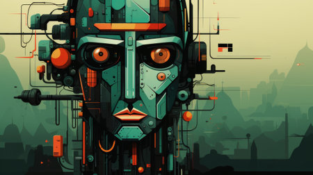 A robot head with orange and green eyes, AIの素材