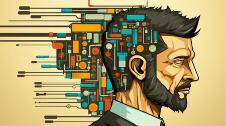 A man with a beard and a beard is surrounded by a bunch of electronic components, AIの素材