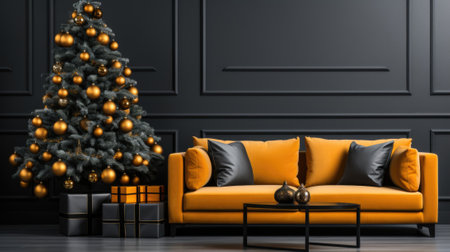 A living room with a yellow couch and a christmas tree, AIの素材