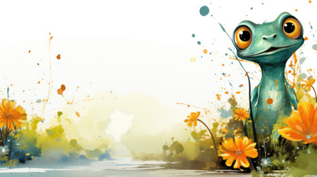 A cartoon frog in the grass with flowers, AIの素材