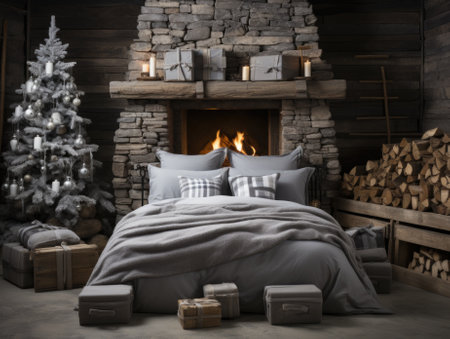 A bedroom with a fireplace and a bed, AIの素材