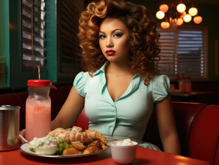 A woman sitting at a table with a plate of food, AIの素材