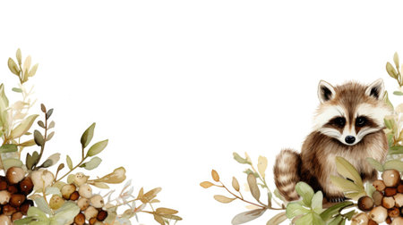 A raccoon and some leaves on a white background, AIの素材